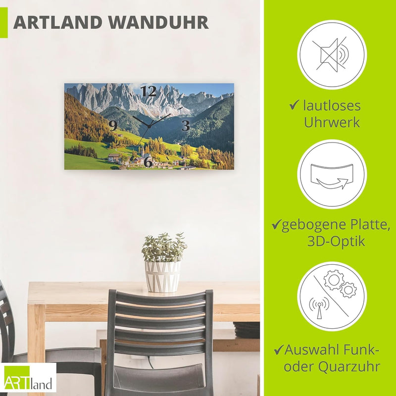 ARTLAND Wanduhr ohne Tickgeräusche Alu Funkuhr lautlos 60x30 cm Rechteckig Landschaftsbilder Natur B