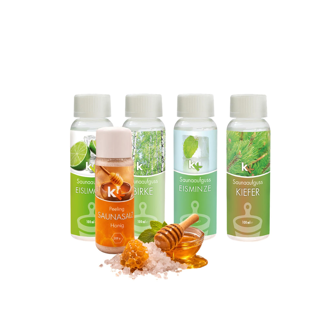 KK Sauna -Set mit Salz Peeling | KK Saunaaufgussset "Skandinavien" 4 x 100 ml + 200 g KK Saunasalz "