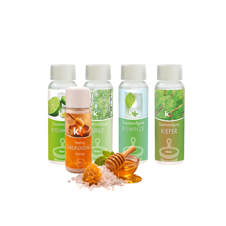KK Sauna -Set mit Salz Peeling | KK Saunaaufgussset "Skandinavien" 4 x 100 ml + 200 g KK Saunasalz "