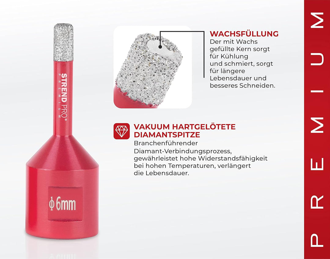 Diamant Bohrer Fliesen 6mm | PREMIUM Feinsteinzeug Bohrer 6mm für Winkelschleifer | Fliesen Bohrkone