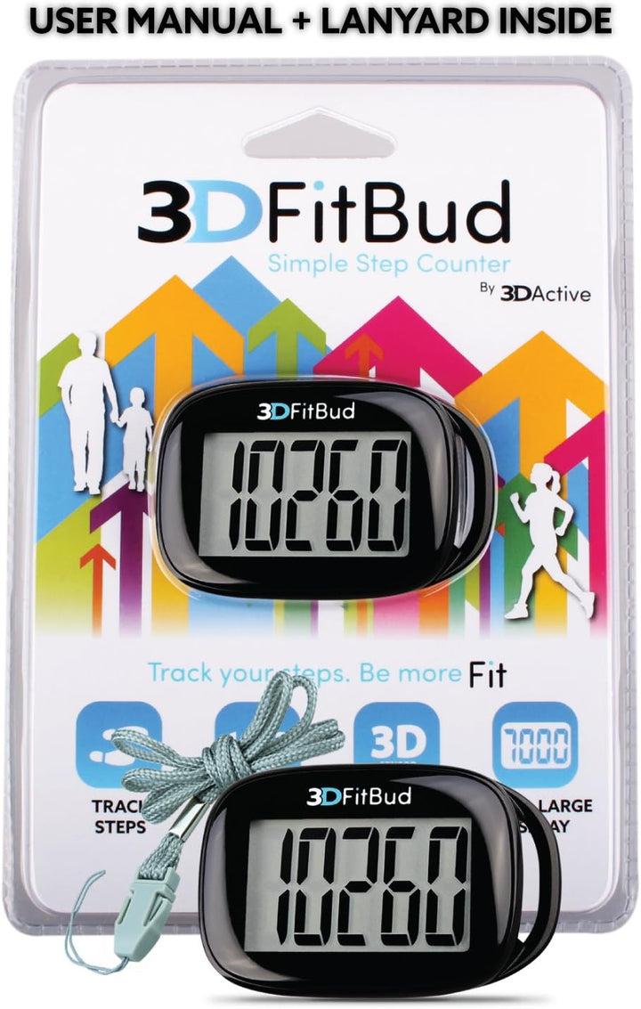 3DFitBud Einfacher Schrittzähler 3D von 3DActive mit Clip Lanyard Präziser Schrittzähler Grosses Dis