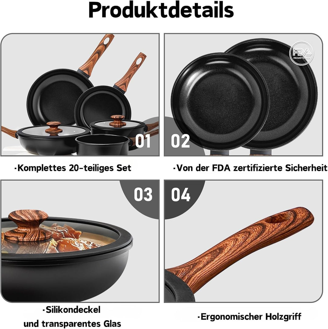 LEADZM Keramik Topfset Induktion，Pfannenset，Kochtopf Set mit Deckel，Induktions Töpfe Set，20-Teilig，A