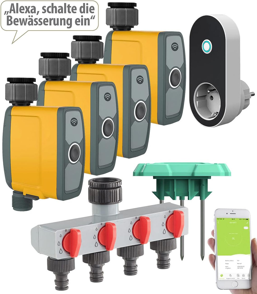Royal Gardineer Regensensor: WLAN-Bewässerungscomputer, 4-Wege-Verteiler, Feuchtigkeitssensor, App (