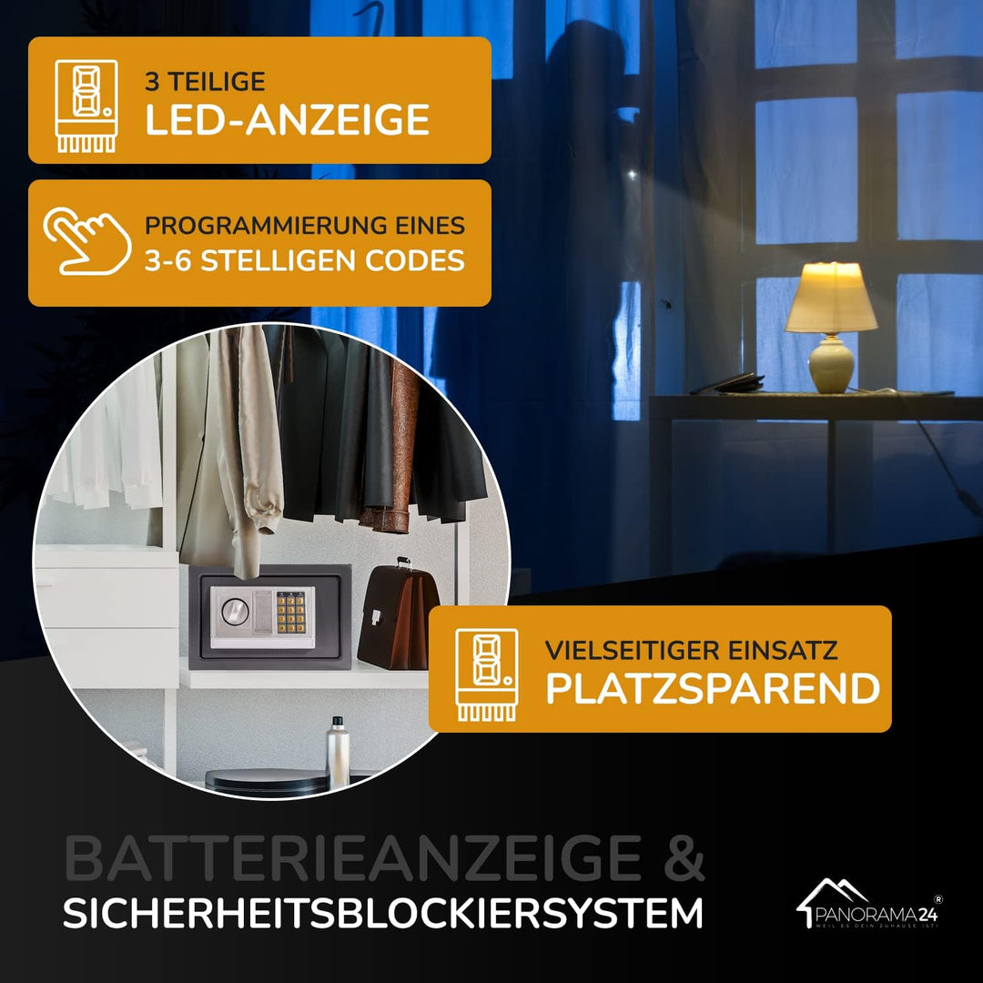 Panorama24 Tresor Safe mit Elektronik-Zahlenschloss 31x20x20cm LED-Anzeige Stahlbolzen, silbergrau,
