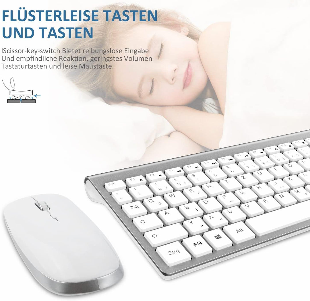 Tastatur Maus Set Kabellos - 2.4Ghz USB Funk Tastatur QWERTZ (Deutsch) Layout Ergonomisch Klein Maus