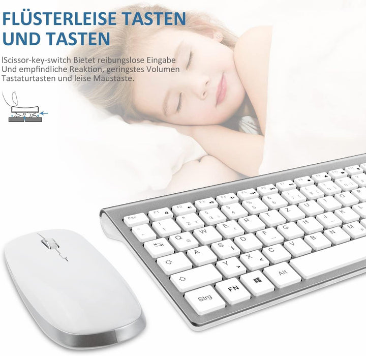 Tastatur Maus Set Kabellos - 2.4Ghz USB Funk Tastatur QWERTZ (Deutsch) Layout Ergonomisch Klein Maus