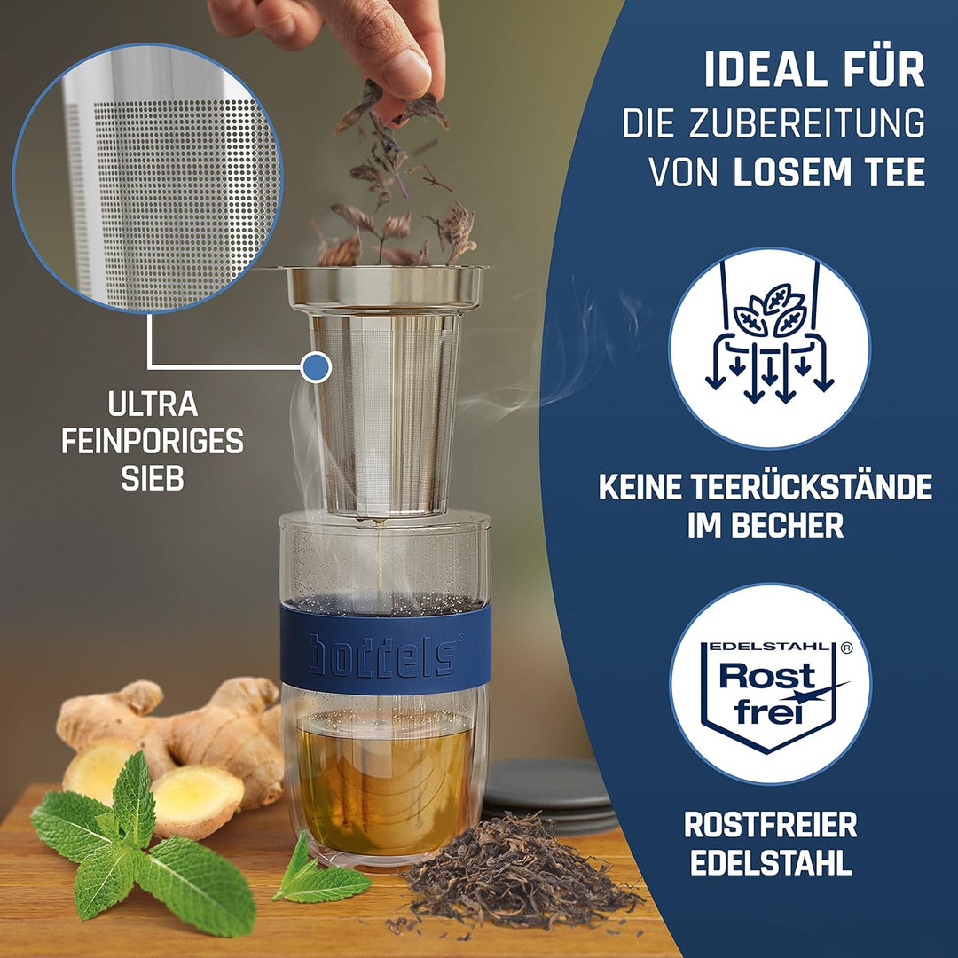 Glasbecher 380ml – Teebecher mit Sieb, Doppelwandig, Teetasse, Keramik-Deckel, Thermo-Glas Kaffeegla