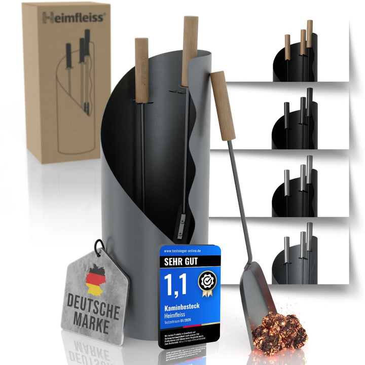 Heimfleiss® Kaminbesteck Modern Grau | Ofenbesteck Kaminbesteck Set | Hochwertiges Kaminset aus Schü
