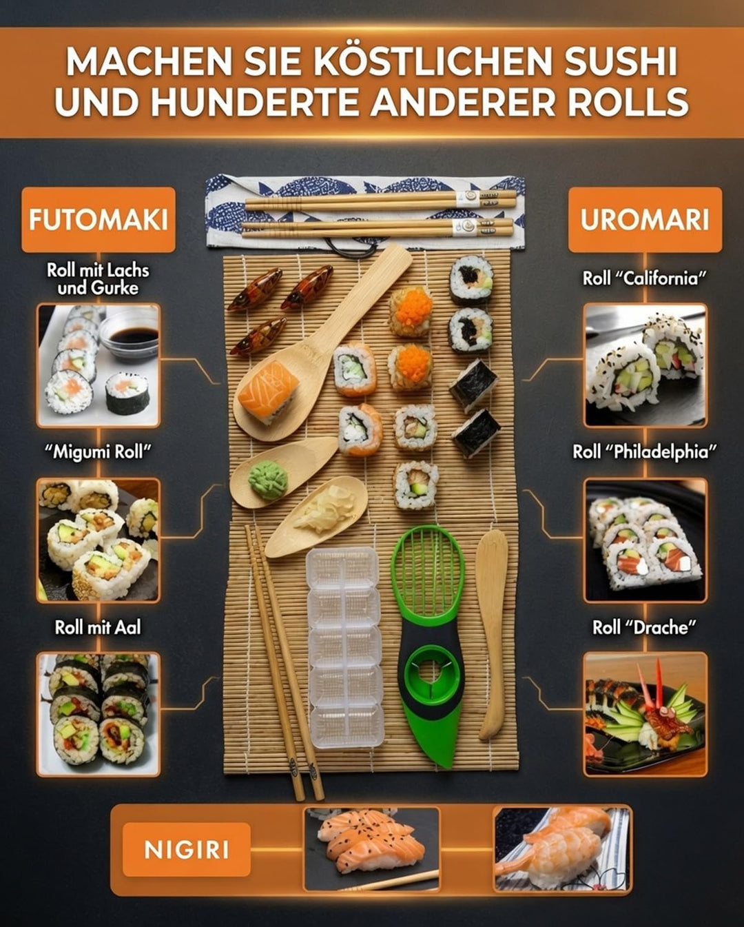 Sushi Set 14-teilig - Bambus Sushi Maker Kit Rollmatte für Anfänger - 2 Matten, 3 Paar Essstäbchen m