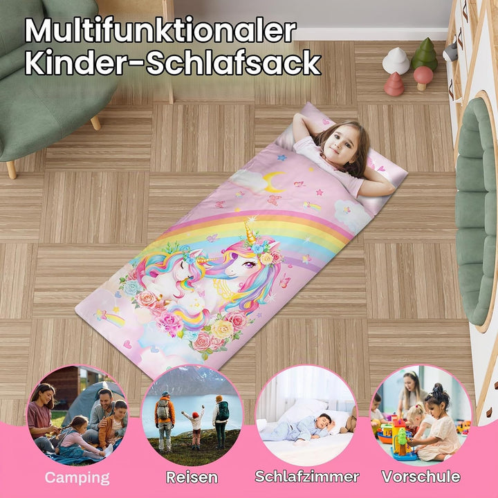Schlafsack Kinder mit Kissen Abnehmbar,Warm Kinderschlafsack Doppelter Reissverschluss für Mädchen J