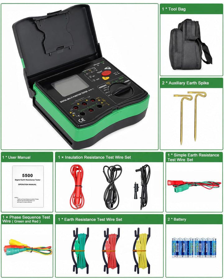 Erdungswiderstandsmessgerät, 20GΩ Megaohmmeter Voltmeter 4in1 Multimeter | Phasenfolgeprüfer, Erdung