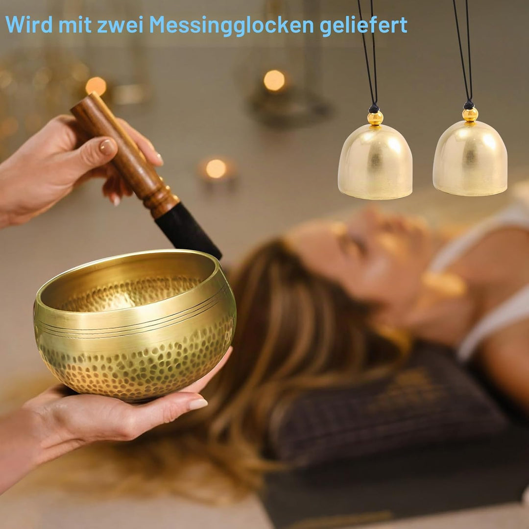 Tibetische Klangschale, handgestimmte Chakra-Stein-Schale mit 2 Glocken und Tragetasche, spirituelle