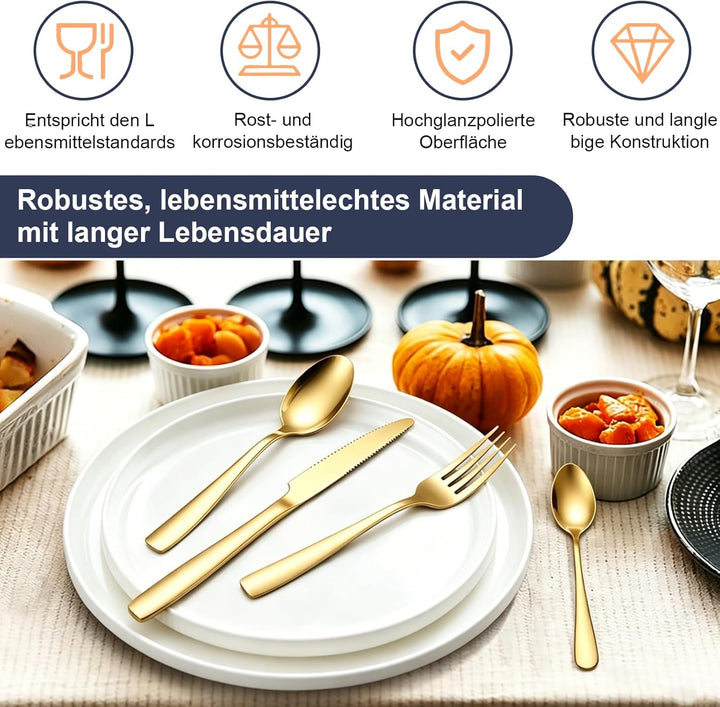 Besteck Set für 6 Personen, 30 teilig Edelstahl Besteckset, Gold Essbesteck Set mit Kuchengabeln Mes