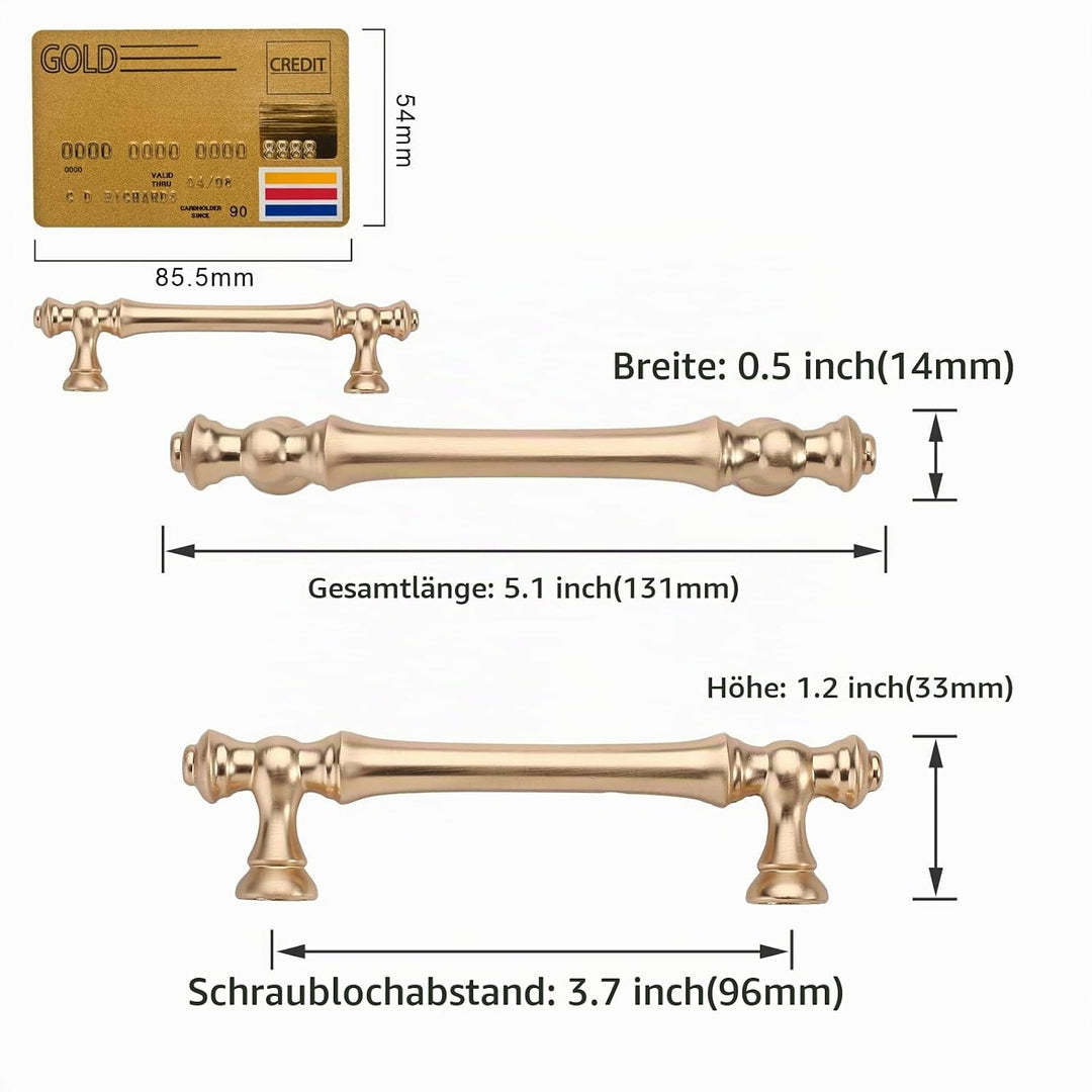 Amerdeco 10 Stück Möbelgriffe Gebürstetes Messing 96mm Lochabstand Schubladen Griffe für gold Küchen