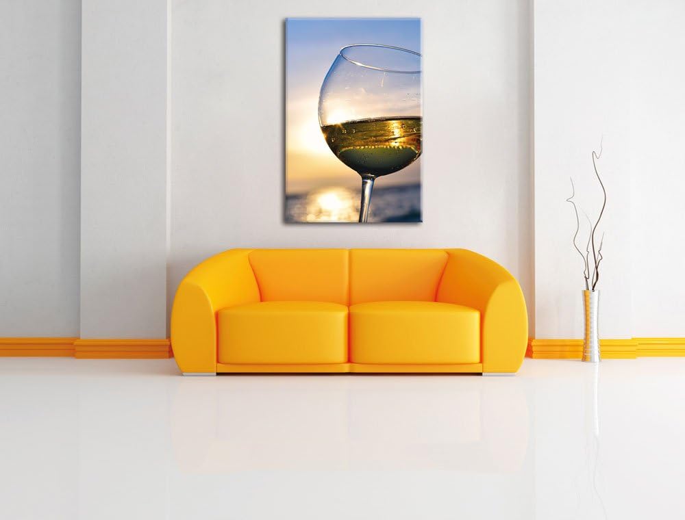 Pixxprint Weingläser im Sonnenuntergang am Meer, Format: 100x70 auf Leinwand, 100x70