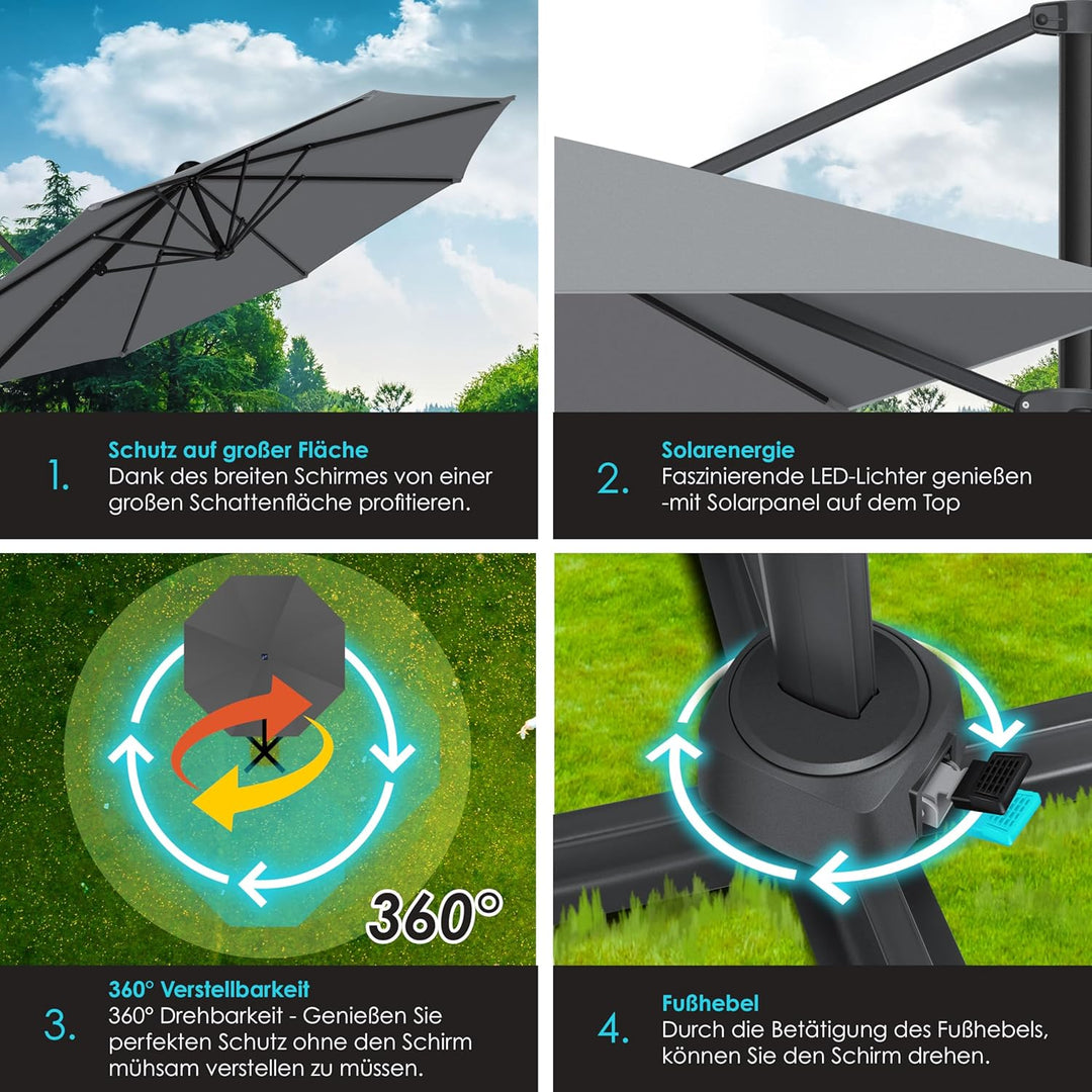 KESSER® Sonnenschirm Ampelschirm Sun Rund XL Ø330 cm Inkl. Abdeckung + Windsicherung 7-Fach Verstell