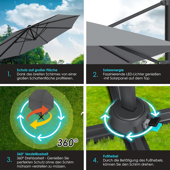 KESSER® Sonnenschirm Ampelschirm Sun Rund XL Ø330 cm Inkl. Abdeckung + Windsicherung 7-Fach Verstell