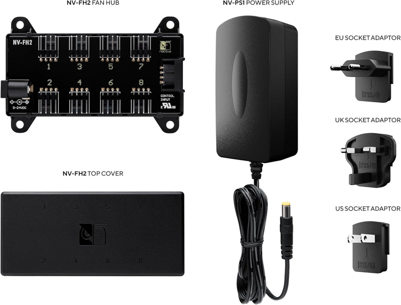 Noctua NV-SPH1, Netzteil-Lüfterverteiler-Set mit NV-PS1 230/115V AC auf 12V DC Netzteil und NV-FH2 8