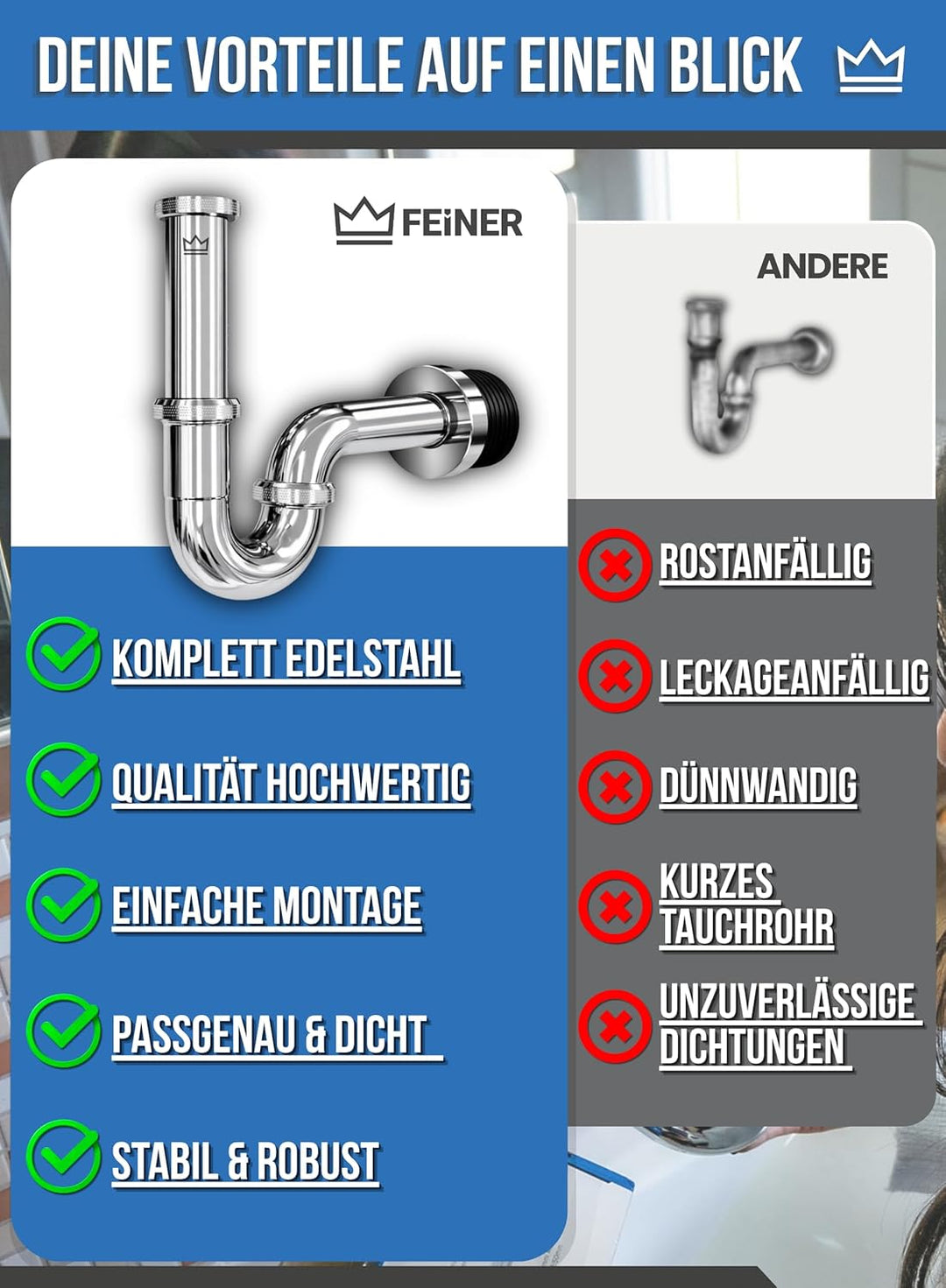 FEINER® - Premium Universal Siphon für Waschbecken Edelstahl, Abflussrohr Tauchrohr 2-12cm höhenvers