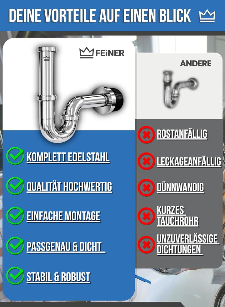 FEINER® - Premium Universal Siphon für Waschbecken Edelstahl, Abflussrohr Tauchrohr 2-12cm höhenvers