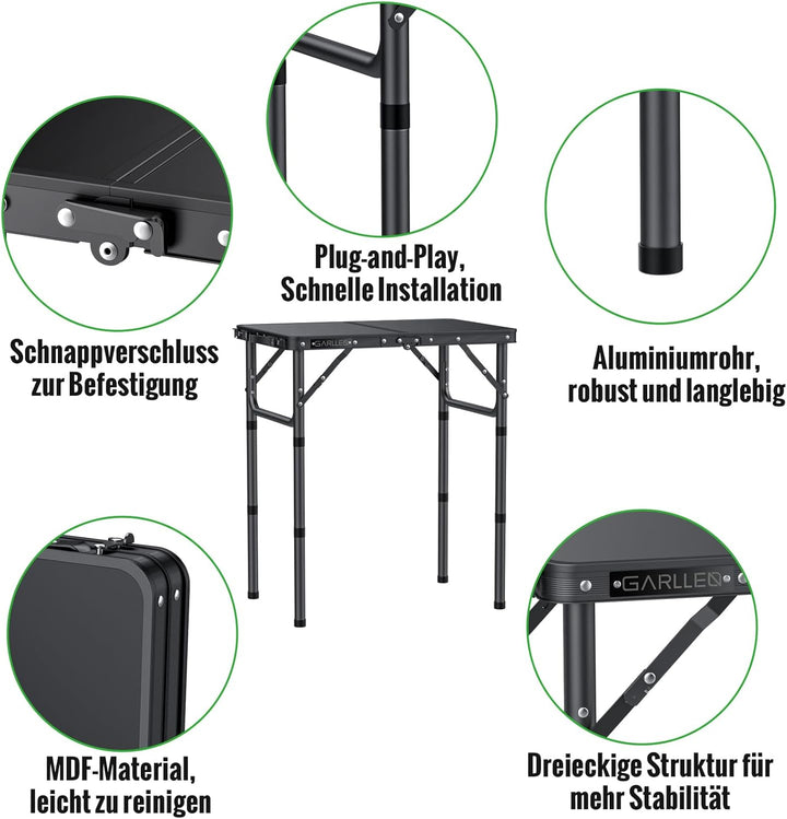 GARLLEN Campingtisch klappbar, 58x40cm & 3 einstellbare Höhen(26/48/70cm), Klapptisch Camping Tisch,