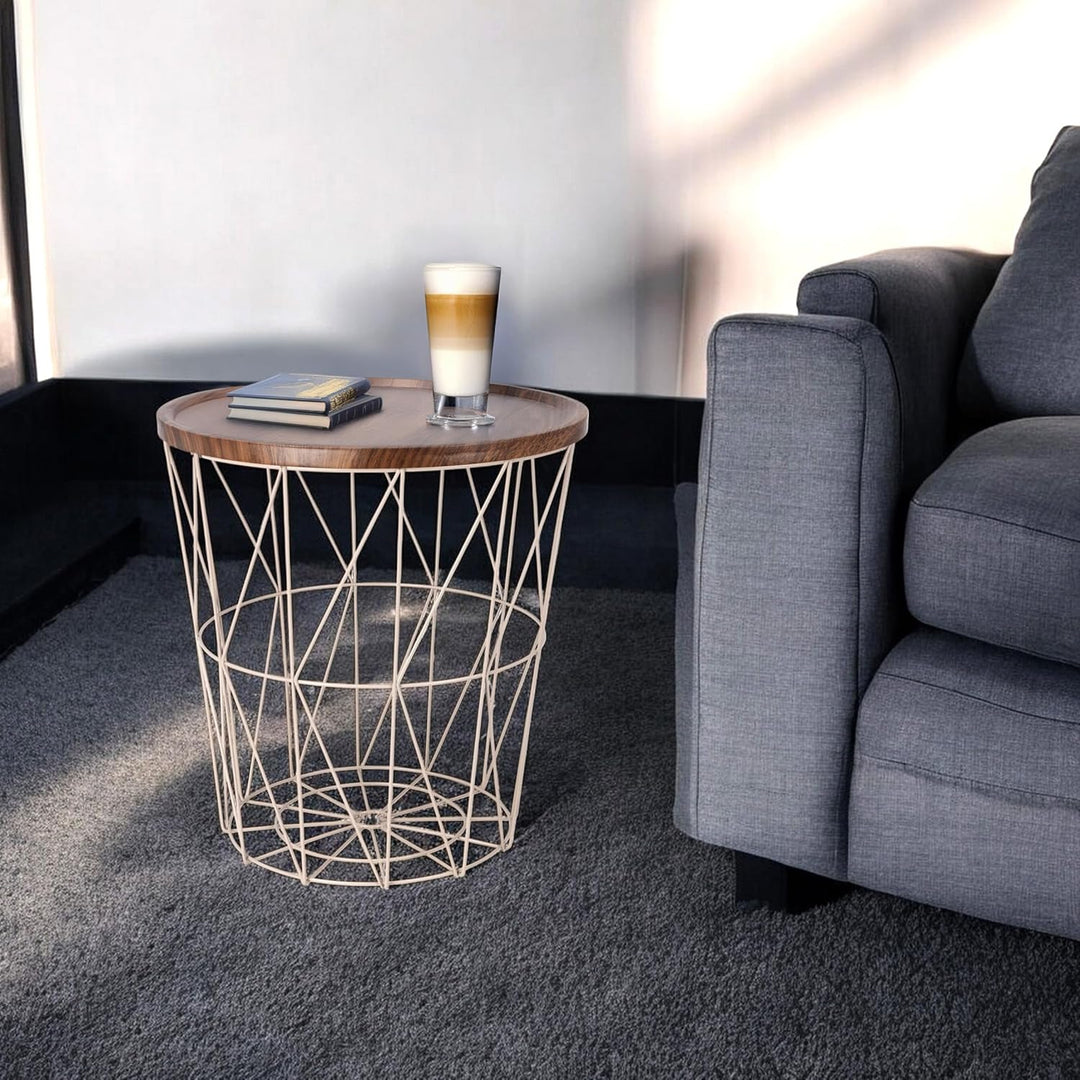 Spetebo Gitterkorb Beistelltisch aus Metall 39 cm - Creme - Korbtisch mit Holz Optik Tischplatte in