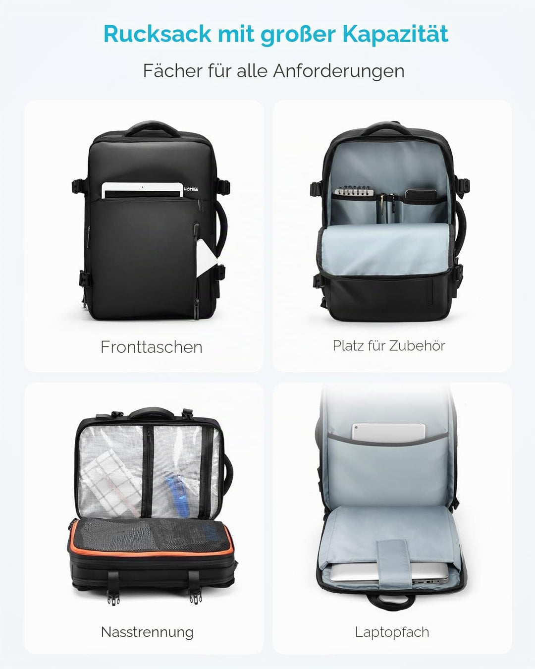 HOMIEE Handgepäck Reiserucksack, Supergross Laptop Rucksack Erweiterbar Diebstahlsicher Wasserabweis