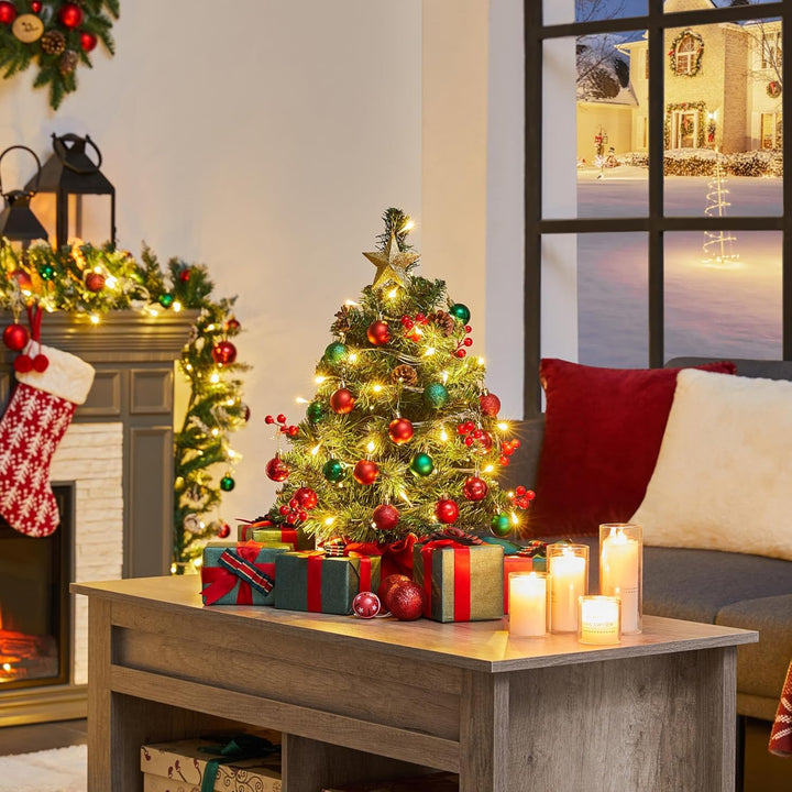 Yaheetech 50cm Mini Künstlicher Weihnachtsbaum mit 35 Warmweiss LED Beleuchtung & 40 Roten Beeren Kl