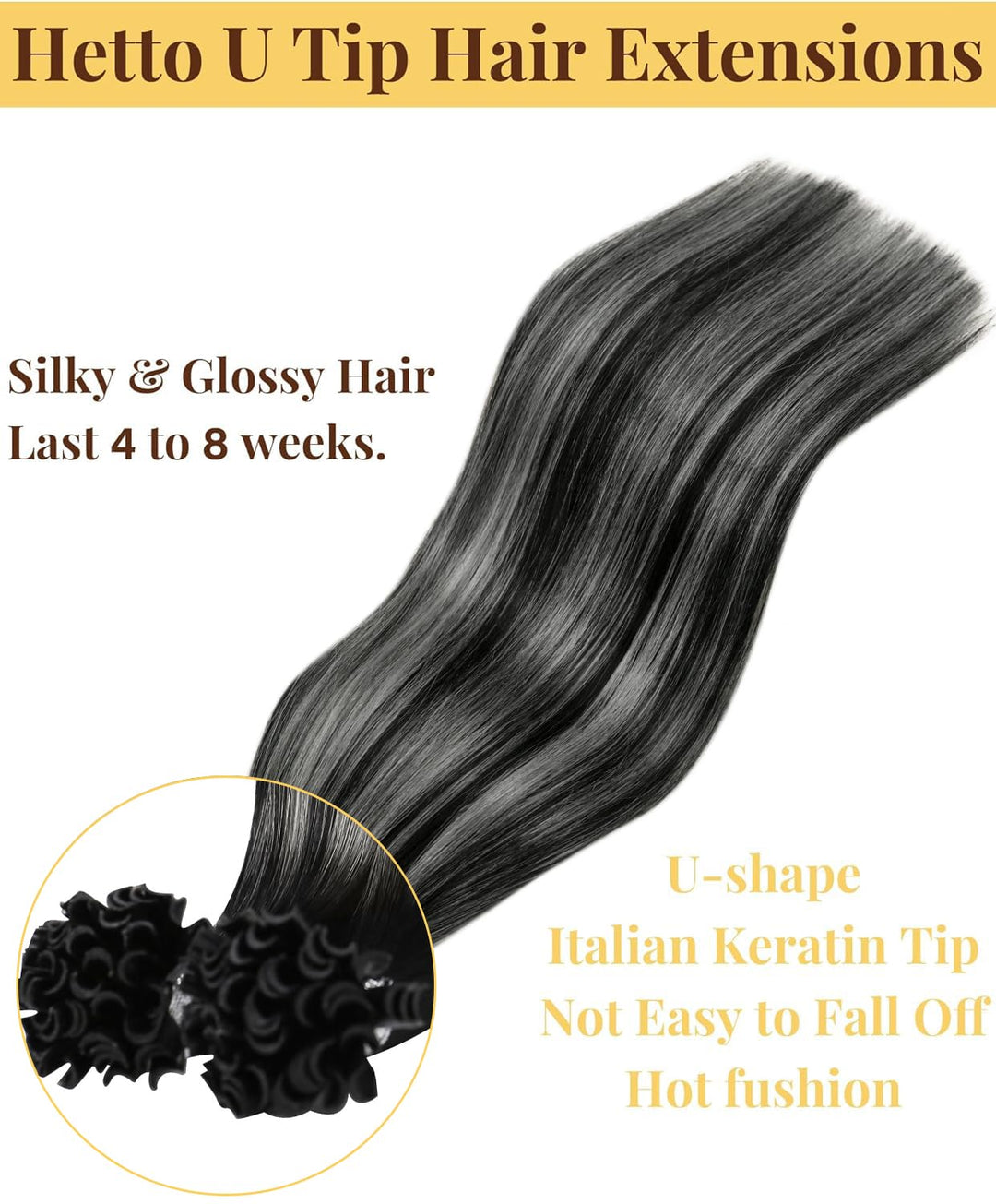 Hetto Extensions Echthaar Bondings Balayage Schwarz & Silber 40cm 50 Stück 1g/Stück – Natürliche Str
