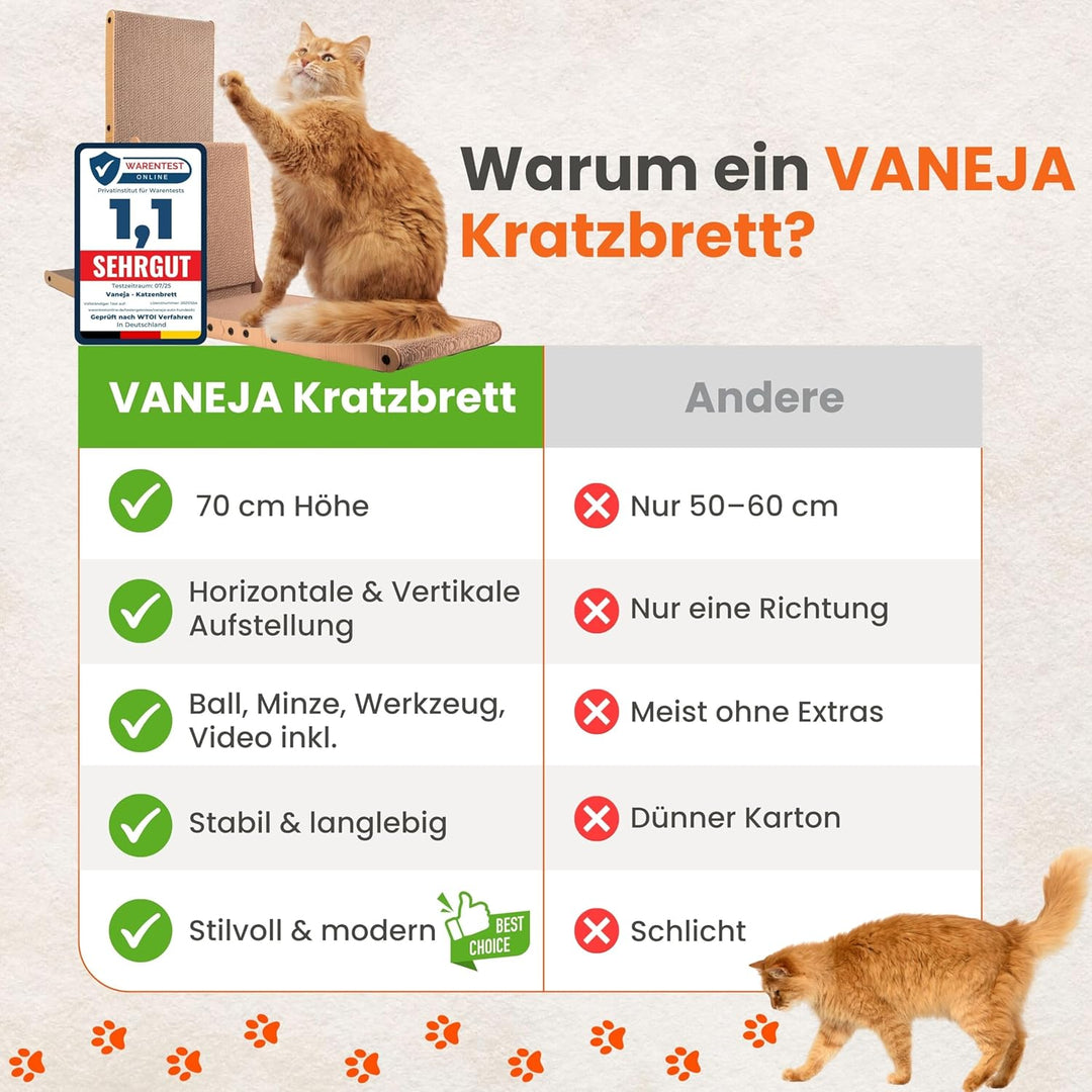 XXL Kratzbrett Katze 70 cm L-förmige Kratzpappe mit Ballspielzeug und Katzenminze, widerstandsfähige