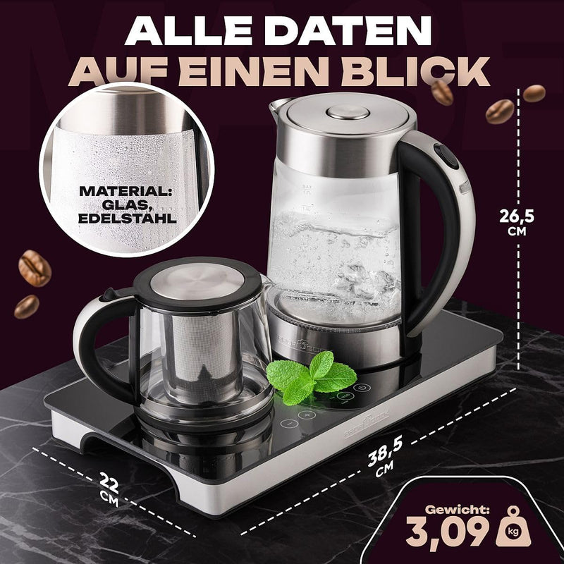 ProfiCook® Tee und Kaffeestation in Einem | 1,7 Liter hitzebeständiger Wasserkocher | Teekanne aus G