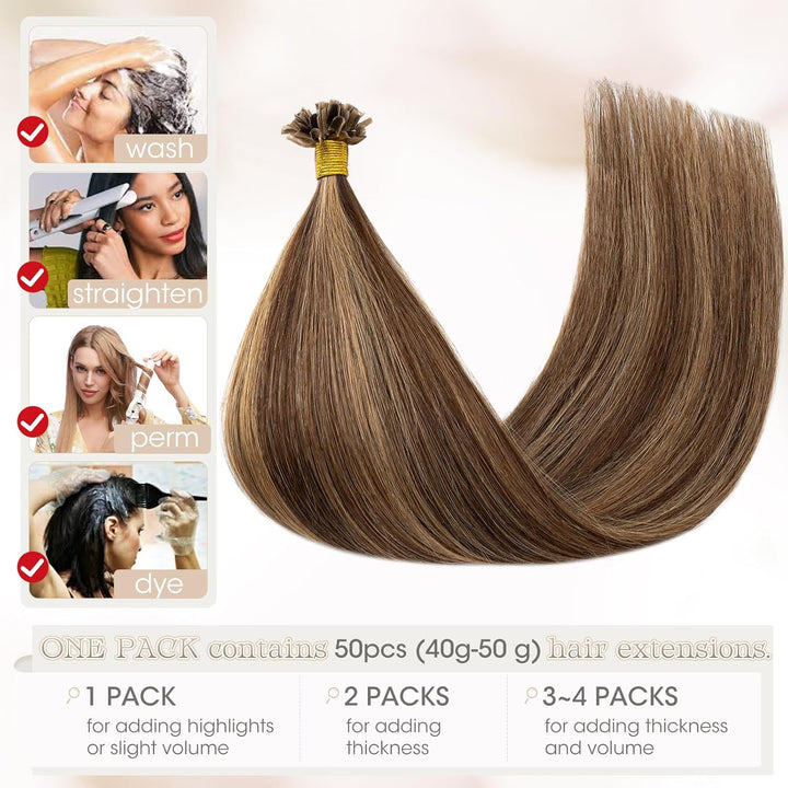 Elailite Extensions Echthaar Bonding 1g/s 50cm #4P27 Mittelbraun/Honigblond U Tip Hair Extensions Ha