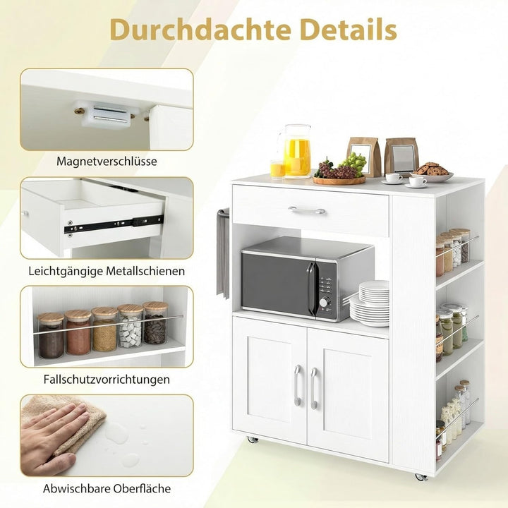 COSTWAY Küchenwagen mit Rollen, Servierwagen mit Arbeitsplatte, Schublade &amp; 3 Gewürzregalen, mobiler