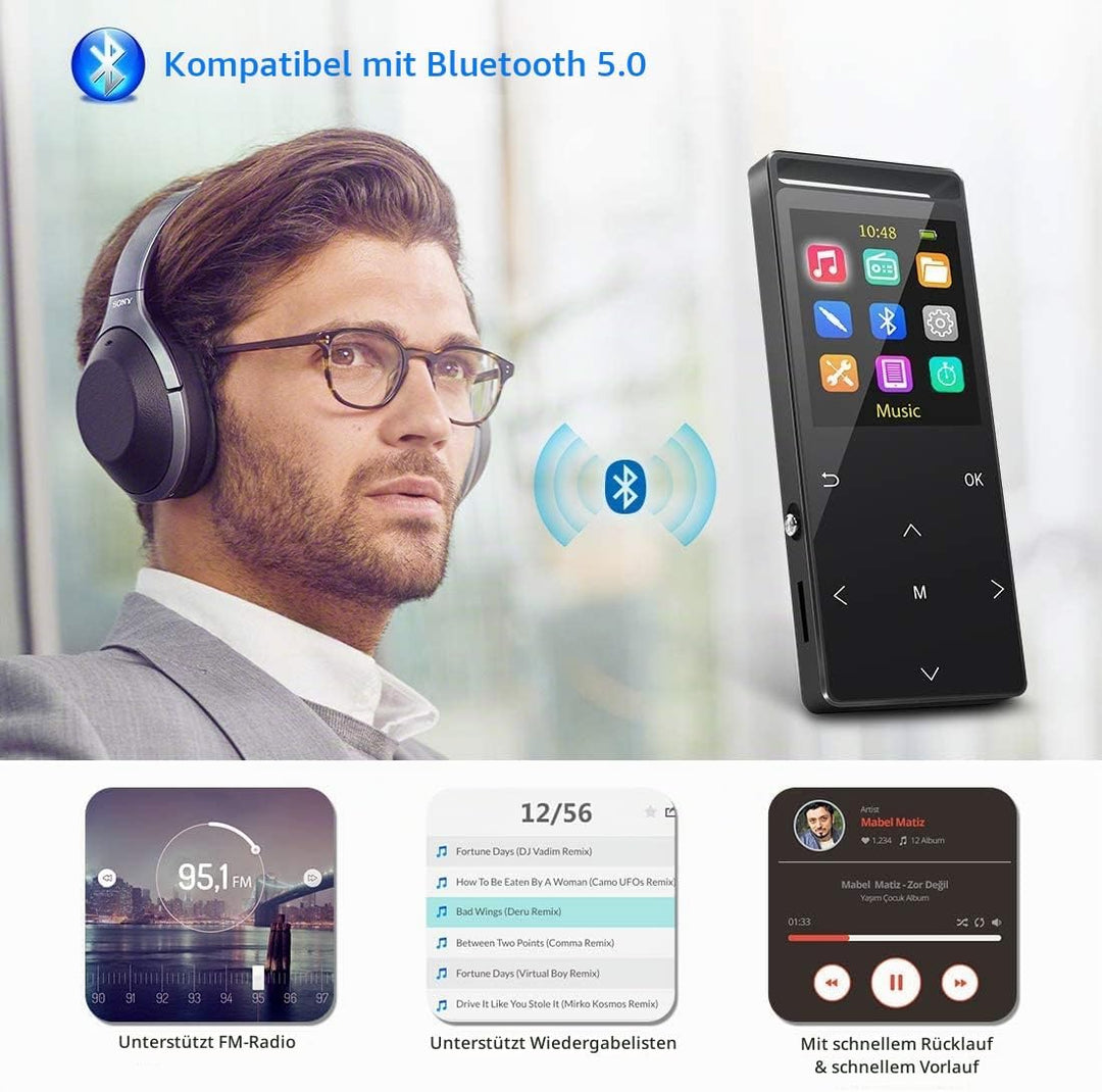 64GB MP3-Player, MUSRUN MP3 Player mit Bluetooth Armtasche, HiFi, AUX-Record, Sleeptimer, FM, FM-Rec