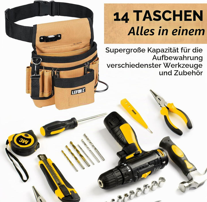 Werkzeuggürtel,Magnetische Werkzeugtasche mit 14 Taschen,Werkzeuggürtel Herren,Abnehmbare und Verste