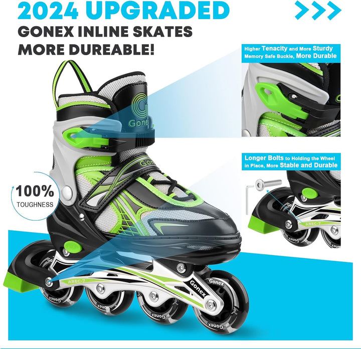 Gonex Inliner für Kinder, Inline Skates für Mädchen Jungen mit Leuchtende Räder Einstellbarer Grün S