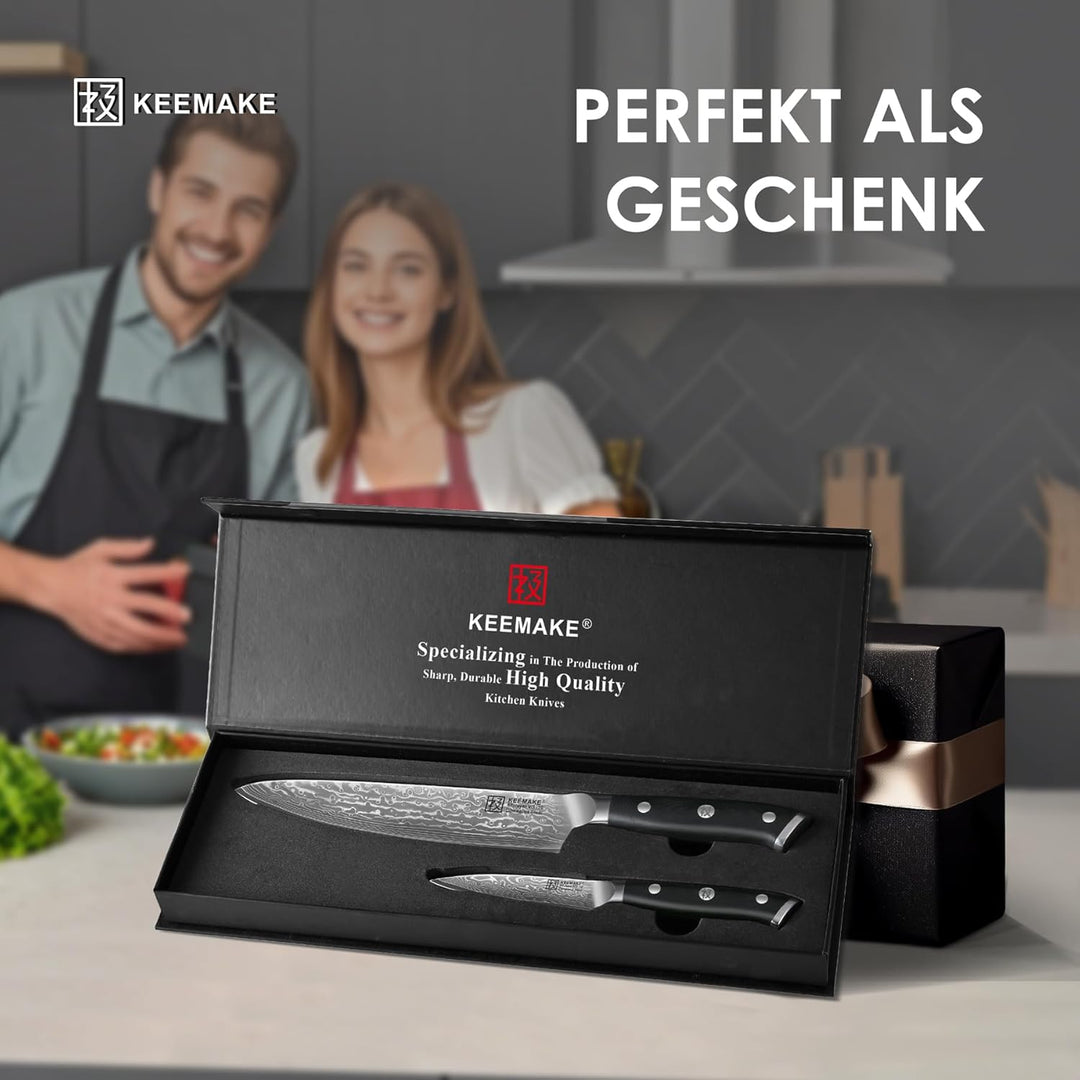 KEEMAKE Küchenmesser Set - Damastmesser Set 2-teilig aus 67 Lagen Damaststahl mit Ergonomischer G10