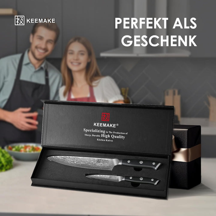 KEEMAKE Küchenmesser Set - Damastmesser Set 2-teilig aus 67 Lagen Damaststahl mit Ergonomischer G10