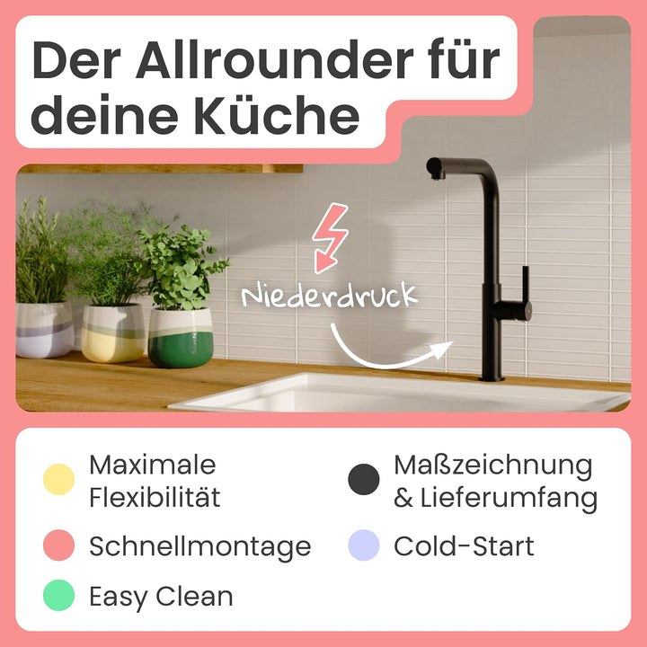 Niederdruck Küchenarmatur | Wasserhahn Küche | Mischbatterie | mit herausziehbarem Auslauf | 360° sc