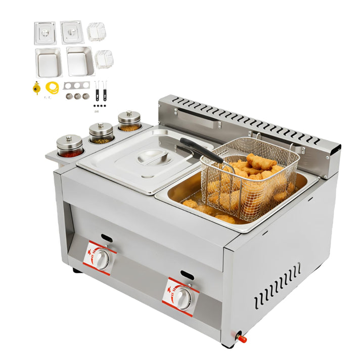 Doppel-Gasfritteuse mit 2 Körben, Temperaturbereich 50-380 °C | Propan-Fritteuse aus Edelstahl, Gewe