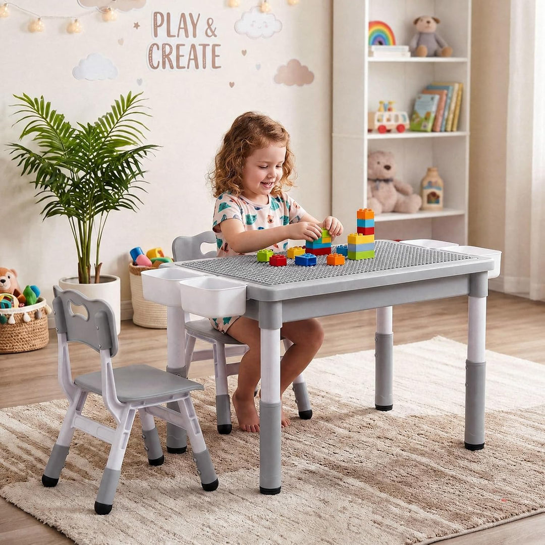 MAMIZO Kindertisch mit 2 Stühlen, kindertisch stauraum &amp; Wendeplatte,Grau | Tisch Stuhl höhenverstel