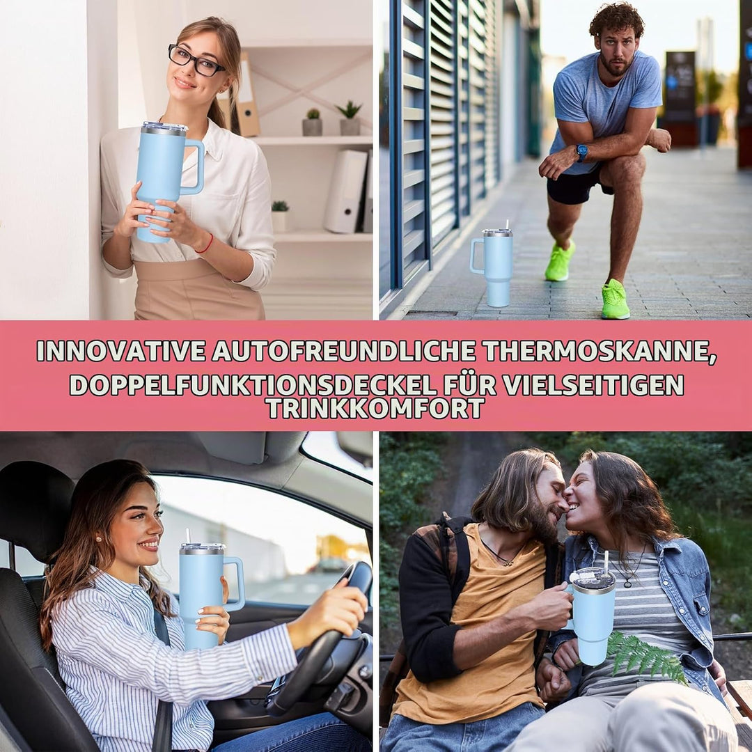 Thermobecher mit 2-in-1-Deckel 1180ML, Kaffeebecher to go Thermo, Trinkbecher mit Deckel und Strohha