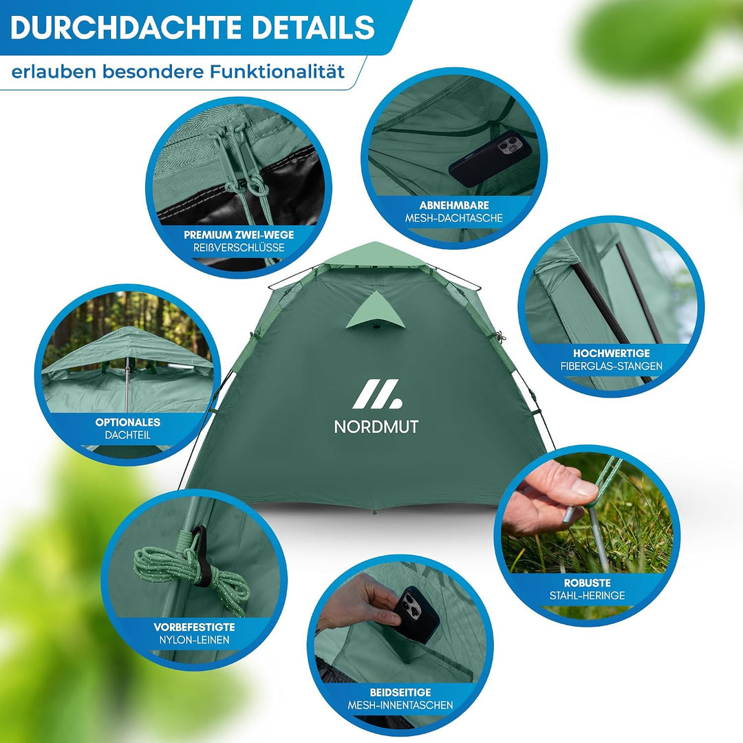 NORDMUT® Wurfzelt 2-4 Personen für blitzschnellen Aufbau – Pop Up Zelt 2-4 Personen wasserdicht &amp; UV