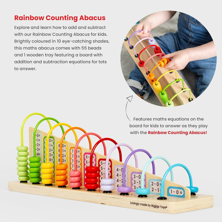 Bigjigs Toys Rainbow Counting Abacus (56 Piece) - Learn Addition & Subtraction, Wooden Numbers & Mat