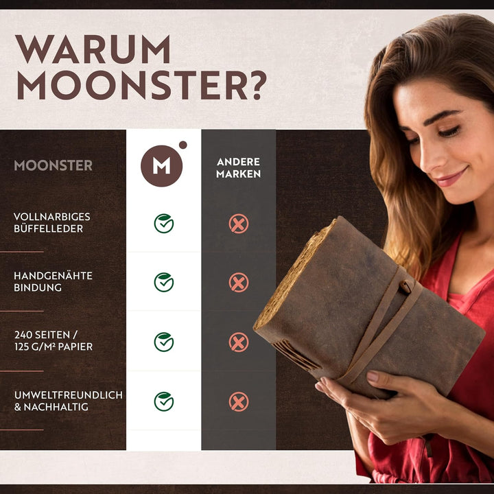 moonster Vintage Leder Notizbuch - 240 Seiten Holzfreies Baumwoll-Büttenpapier - Handgefertigtes Vin