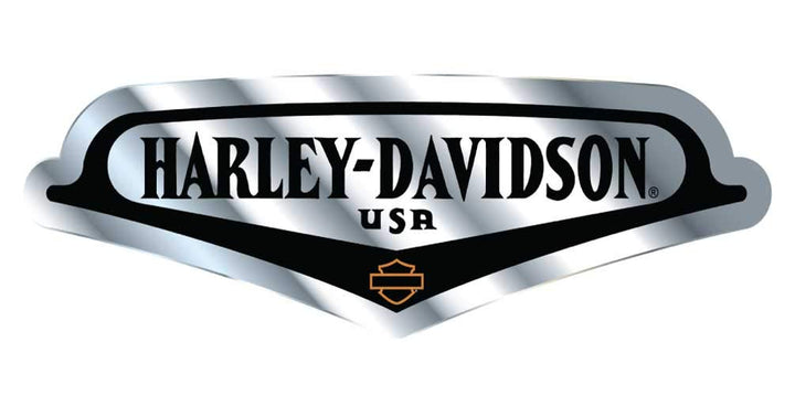 Harley-Davidson V-Tank-Aufkleber aus Aluminium – Silber & Schwarz – 12,7 x 17,8 cm.