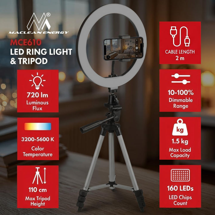 Maclean MCE610 10" 12W LED Ringlicht mit Stativständer und Bluetooth-Auslöser 3 Farben 10 Helligkeit