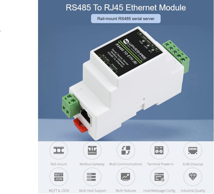Waveshare RS485 to RJ45 Ethernet Converter Module, Industrial Rail-Mount RS485 Serial Server,TCP/IP