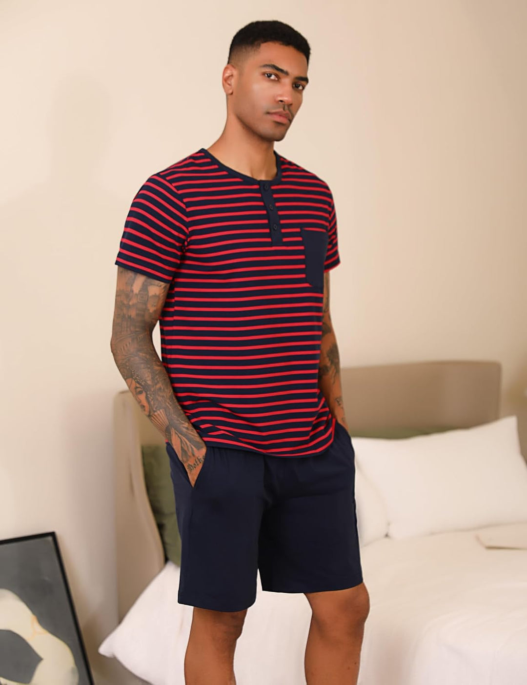 Schlafanzug Herren Kurz aus Baumwolle mit Kontraststreifen Design, Sommer Pyjama Set Oberteile und K