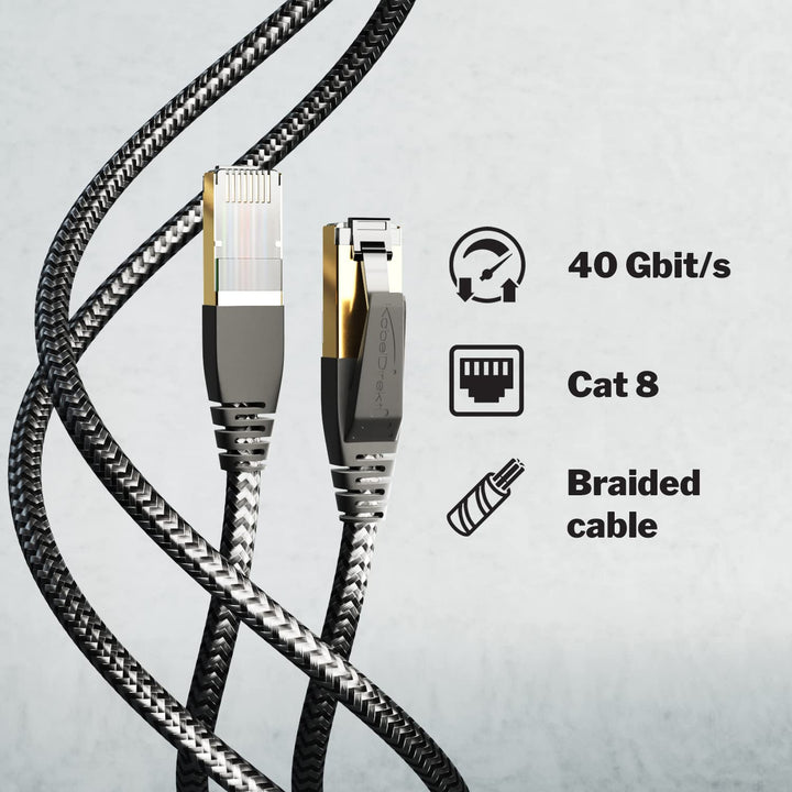 KabelDirekt – Cat 8 Netzwerkkabel mit flexiblem & bruchsicherem Flechtdesign – 15m (LAN Kabel/Ethern